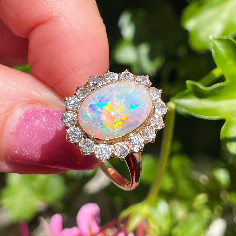 1900s 5.82ct Authentic Antique Australian Opal and Diamond Cluster Cocktail 18K Yellow Gold Ring