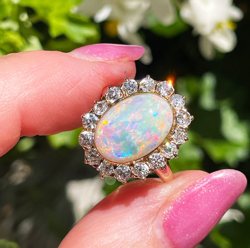 1900s 5.82ct Authentic Antique Australian Opal and Diamond Cluster Cocktail 18K Yellow Gold Ring