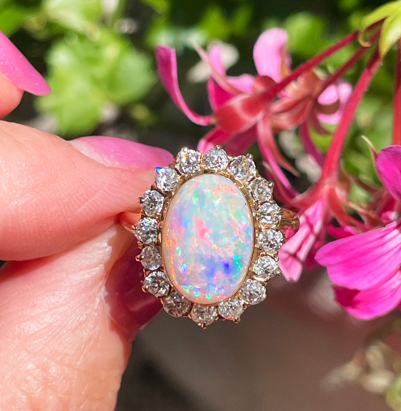 1900s 5.82ct Authentic Antique Australian Opal and Diamond Cluster Cocktail 18K Yellow Gold Ring