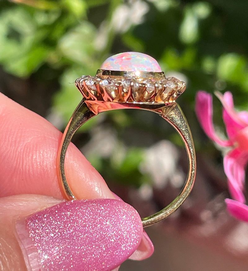 1900s 5.82ct Authentic Antique Australian Opal and Diamond Cluster Cocktail 18K Yellow Gold Ring