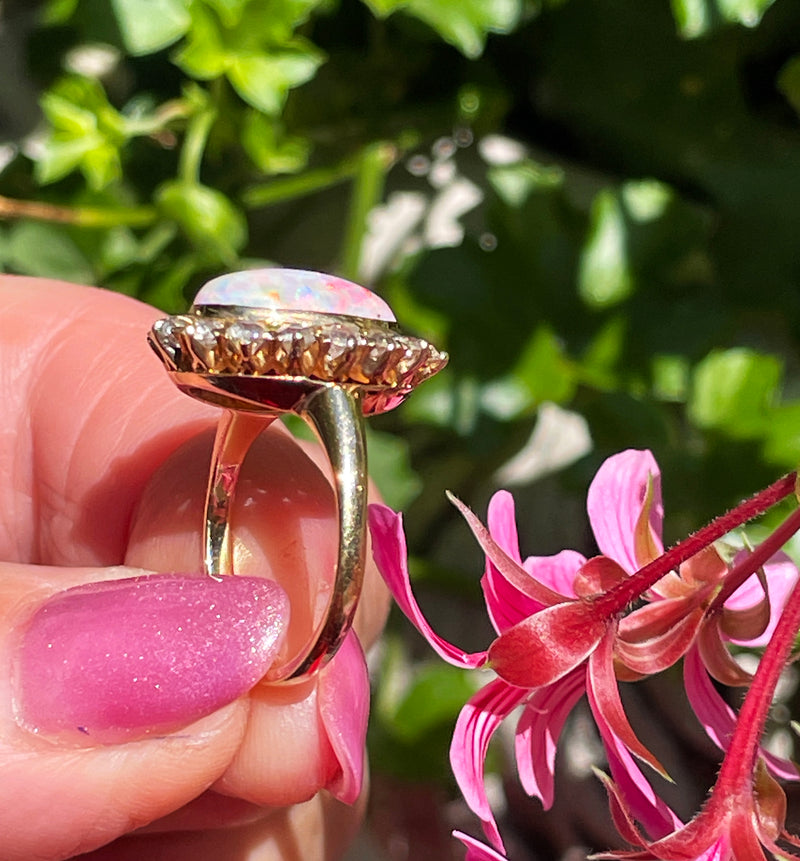 1900s 5.82ct Authentic Antique Australian Opal and Diamond Cluster Cocktail 18K Yellow Gold Ring