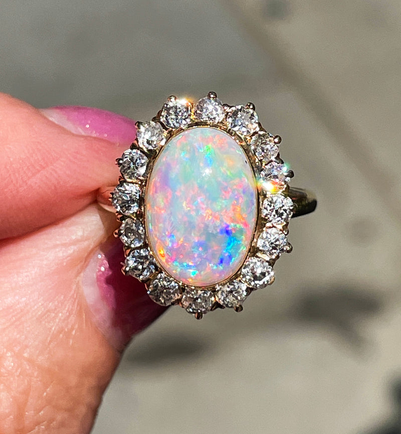 1900s 5.82ct Authentic Antique Australian Opal and Diamond Cluster Cocktail 18K Yellow Gold Ring