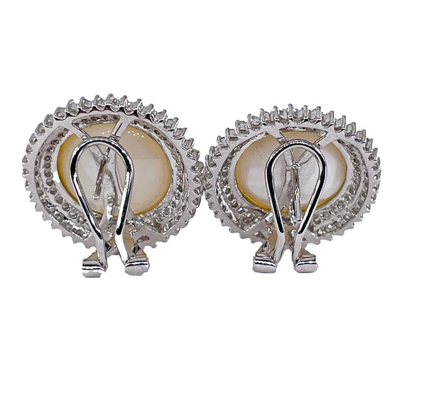 Estate Vintage 14k White Gold Mabe Pearl 2.0ct Diamond Double Halo Earrings