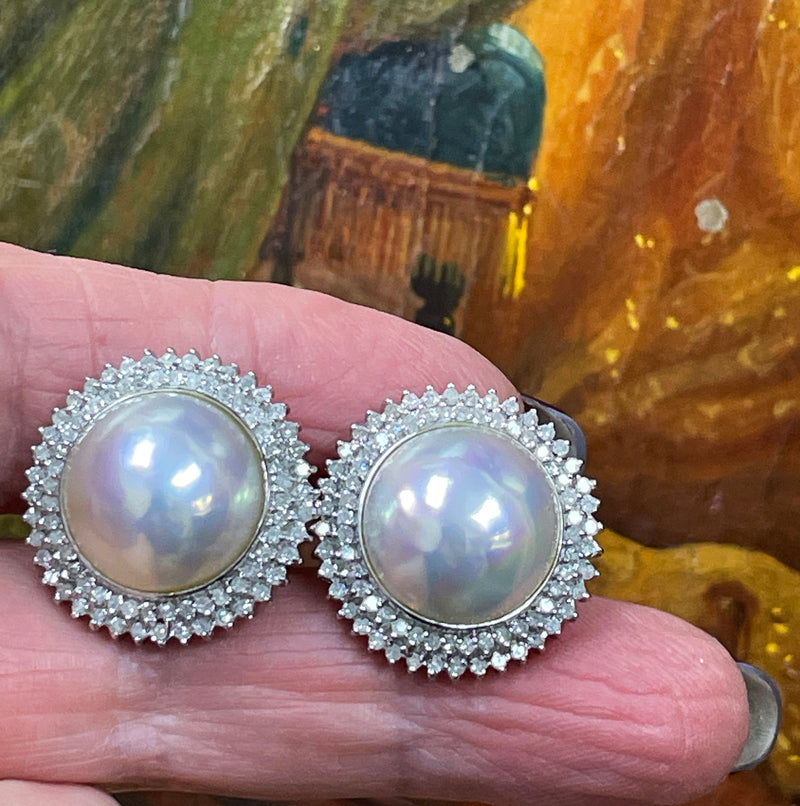 Estate Vintage 14k White Gold Mabe Pearl 2.0ct Diamond Double Halo Earrings