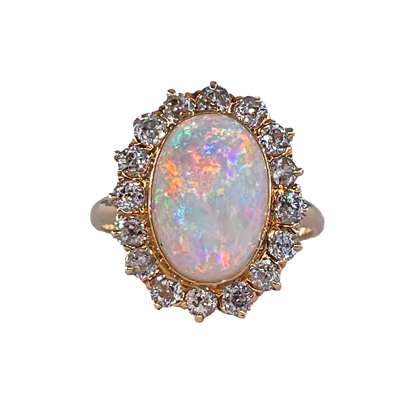 1900s 5.82ct Authentic Antique Australian Opal and Diamond Cluster Cocktail 18K Yellow Gold Ring