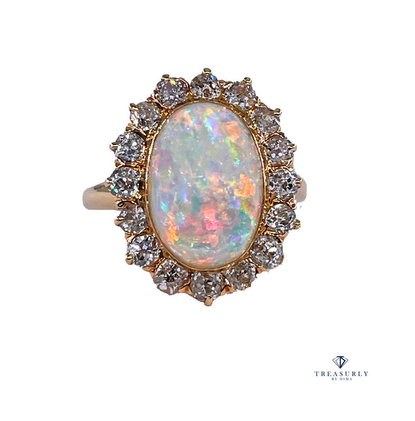 1900s 5.82ct Authentic Antique Australian Opal and Diamond Cluster Cocktail 18K Yellow Gold Ring