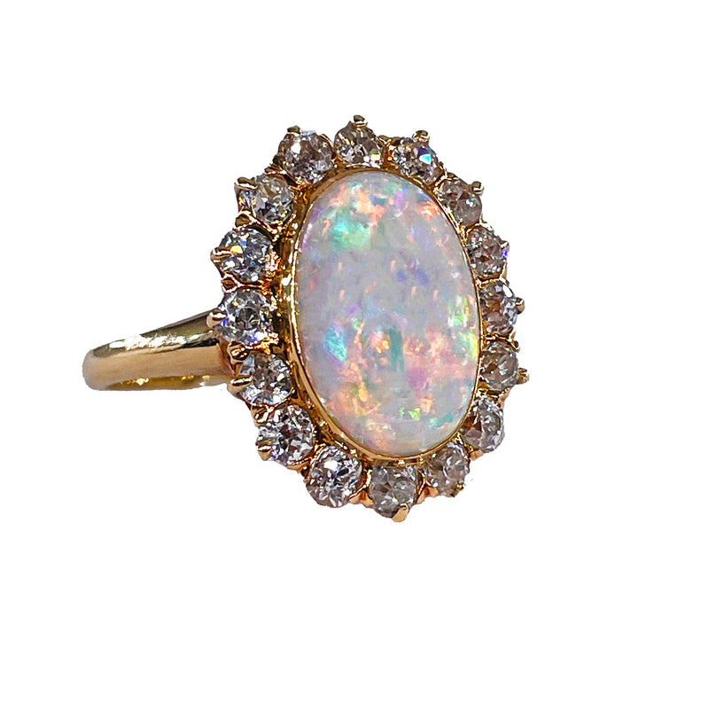 1900s 5.82ct Authentic Antique Australian Opal and Diamond Cluster Cocktail 18K Yellow Gold Ring