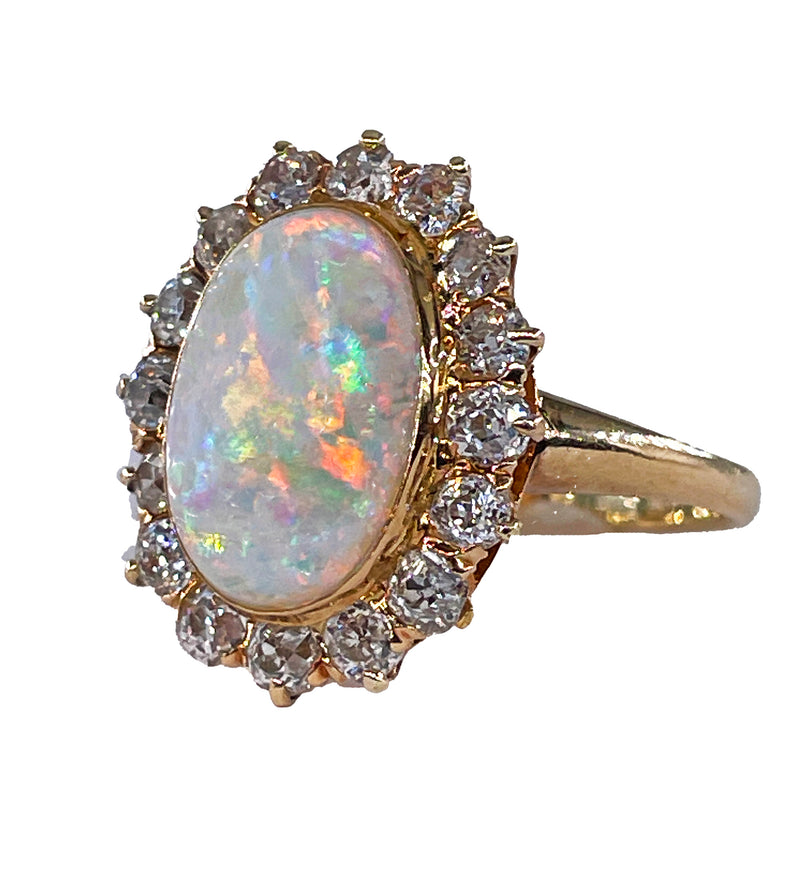 1900s 5.82ct Authentic Antique Australian Opal and Diamond Cluster Cocktail 18K Yellow Gold Ring