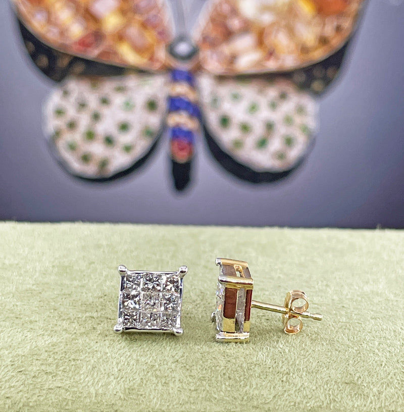 Unisex Invisible Set 1.50ctw Princess Cut Diamond Vintage Stud-Earrings 14k Gold