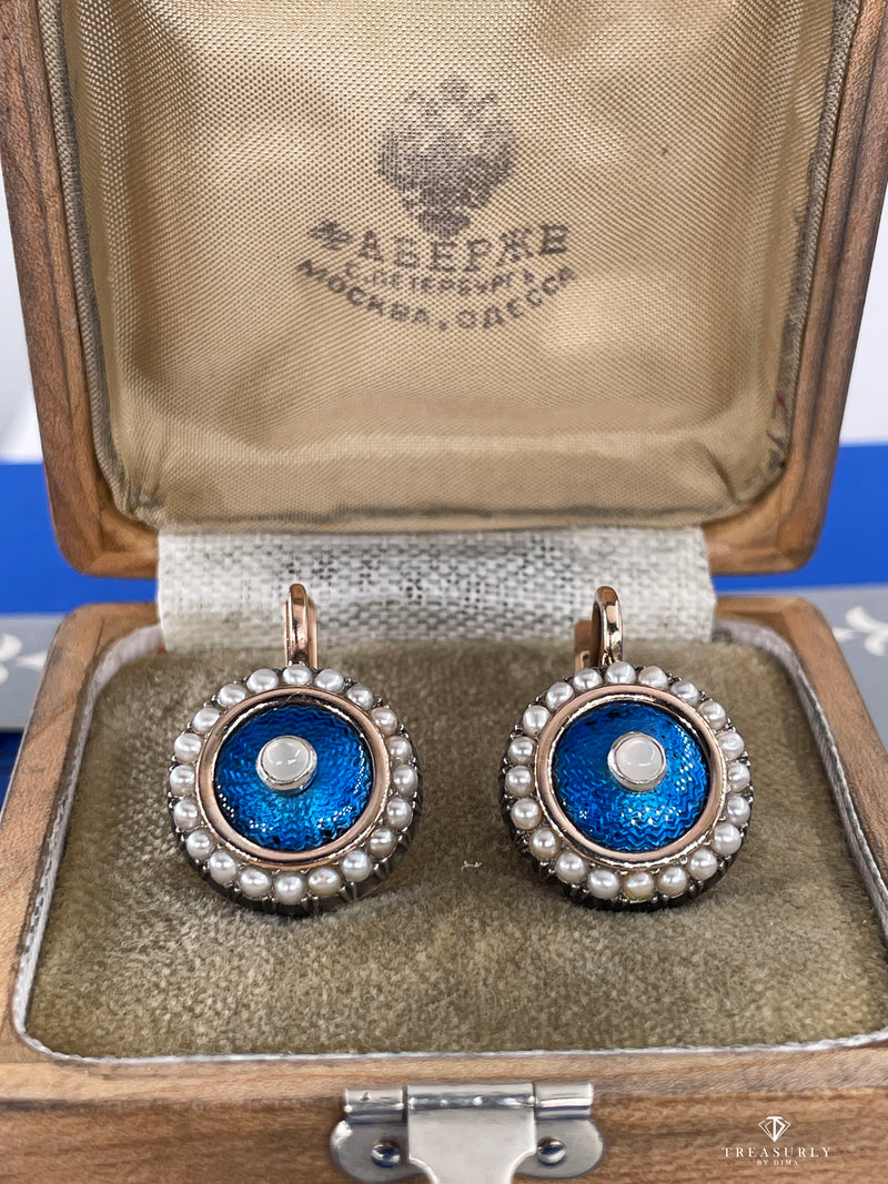 IMPERIAL RUSSIAN Faberge 14k Gold Moonstone Pearl Blue Guilloche Enamel Earrings