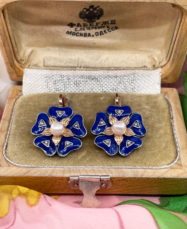 IMPERIAL RUSSIAN 14k Rose Gold Flower Pearls Blue Guilloche Enamel Drop Earrings