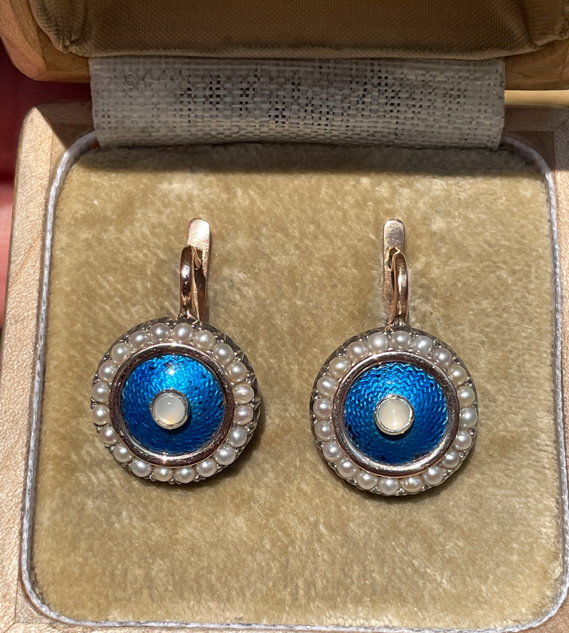 IMPERIAL RUSSIAN Faberge 14k Gold Moonstone Pearl Blue Guilloche Enamel Earrings