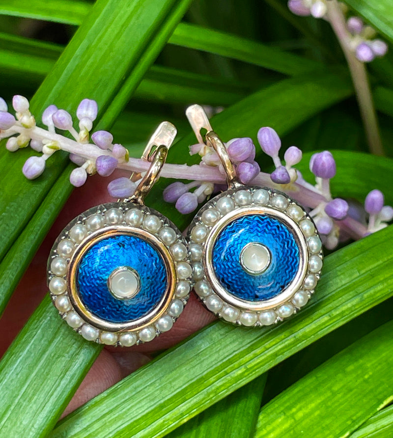 IMPERIAL RUSSIAN Faberge 14k Gold Moonstone Pearl Blue Guilloche Enamel Earrings