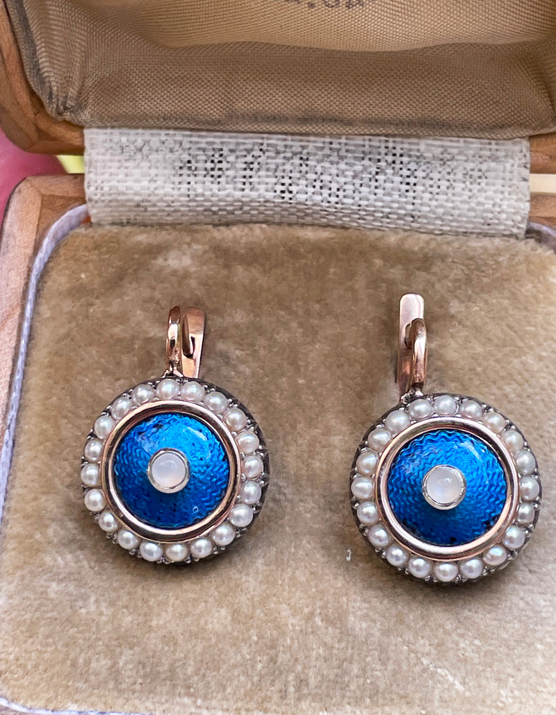 IMPERIAL RUSSIAN Faberge 14k Gold Moonstone Pearl Blue Guilloche Enamel Earrings