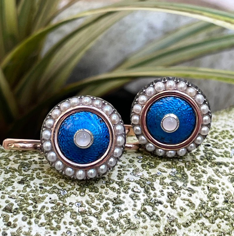 IMPERIAL RUSSIAN Faberge 14k Gold Moonstone Pearl Blue Guilloche Enamel Earrings