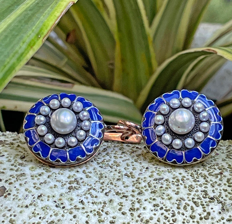 IMPERIAL RUSSIAN 14k Rose Gold Pearls Blue Guilloche Enamel Drop Earrings