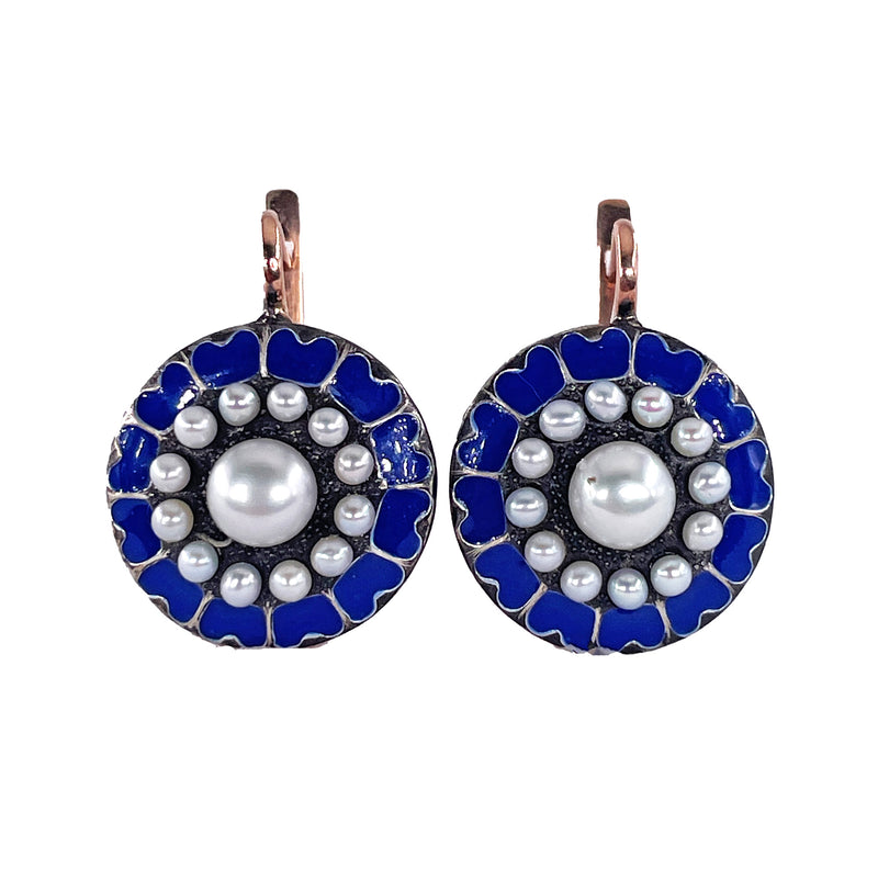 IMPERIAL RUSSIAN 14k Rose Gold Pearls Blue Guilloche Enamel Drop Earrings