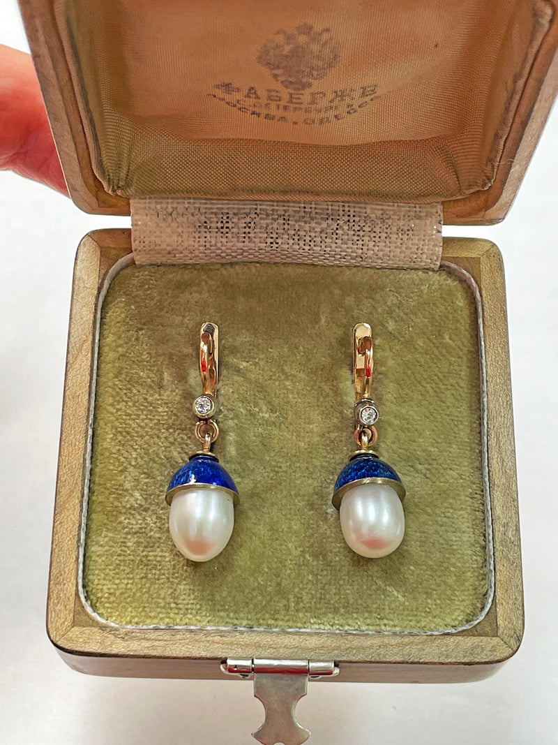 IMPERIAL RUSSIAN Faberge Diamond Pearl Blue Guilloche Enamel 14k Drop Earrings