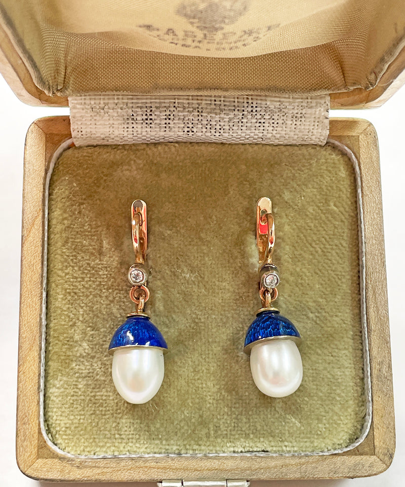 IMPERIAL RUSSIAN Faberge Diamond Pearl Blue Guilloche Enamel 14k Drop Earrings