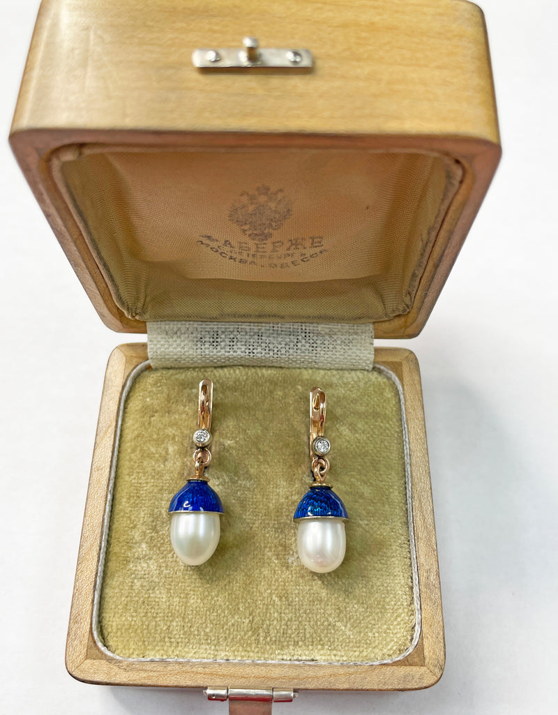 IMPERIAL RUSSIAN Faberge Diamond Pearl Blue Guilloche Enamel 14k Drop Earrings