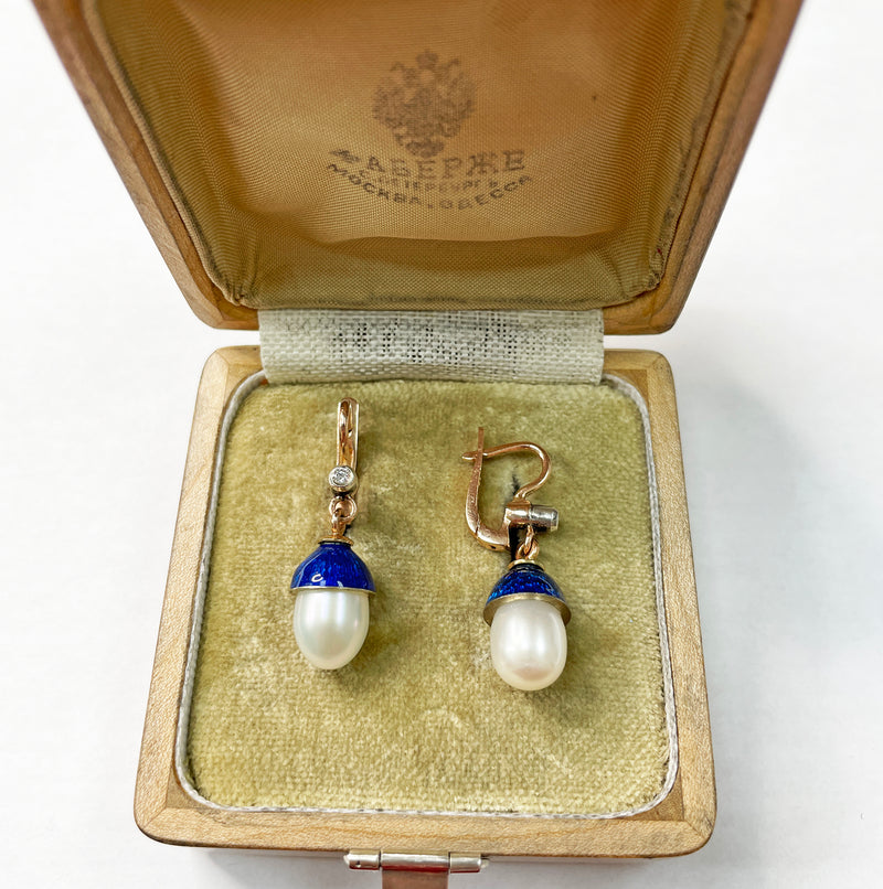 IMPERIAL RUSSIAN Faberge Diamond Pearl Blue Guilloche Enamel 14k Drop Earrings