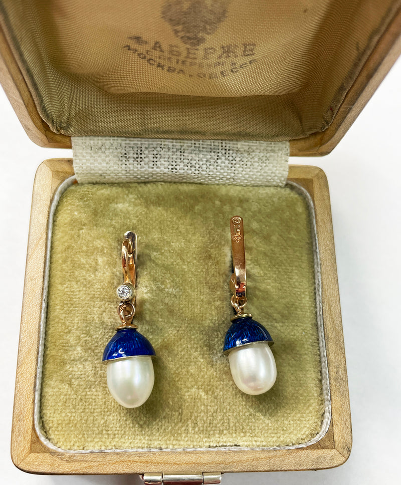 IMPERIAL RUSSIAN Faberge Diamond Pearl Blue Guilloche Enamel 14k Drop Earrings