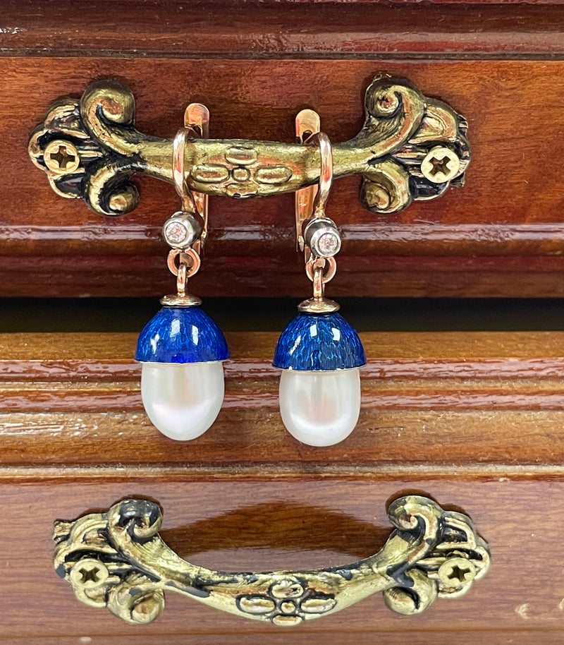 IMPERIAL RUSSIAN Faberge Diamond Pearl Blue Guilloche Enamel 14k Drop Earrings