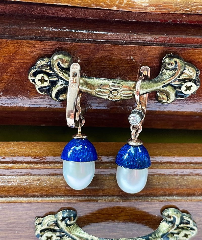 IMPERIAL RUSSIAN Faberge Diamond Pearl Blue Guilloche Enamel 14k Drop Earrings