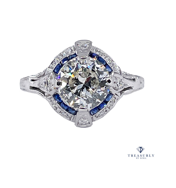 Art Deco GIA Vintage Antique 3.0ct Old EUROPEAN Diamond Sapphire Platinum Engagement Ring