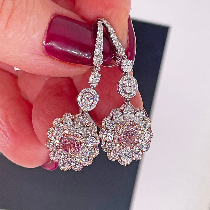 Natural PINK & White 5.15ct GIA Diamond Cluster Dangling Hanging 18K Earrings