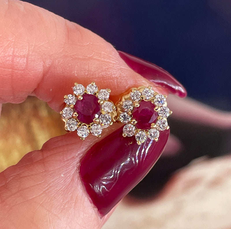 Estate Vintage 1.50ctw Oval Red RUBY & Diamonds 14K/18KYellow Gold Cluster Stud Post Earrings Ear Pendants