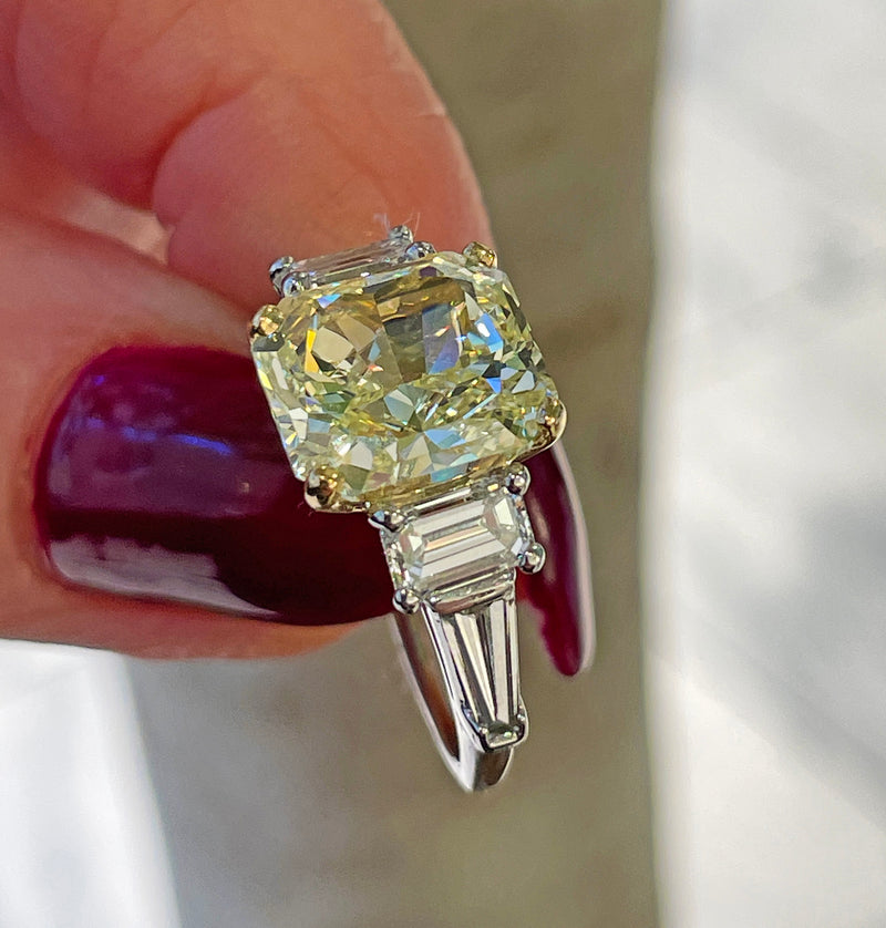 Vintage “Canary” GIA 7.11ctw Natural Fancy YELLOW Radiant Cut Diamond 5 Stone Platinum Ring