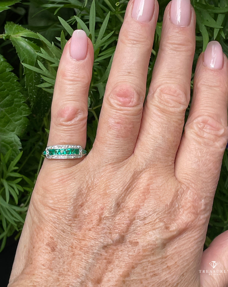 Art Deco 1.30ct Emerald & Diamond Wedding Engagement Anniversary Platinum Ring Band