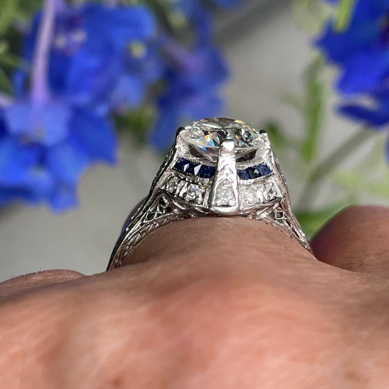 Art Deco GIA Vintage Antique 3.0ct Old EUROPEAN Diamond Sapphire Platinum Engagement Ring