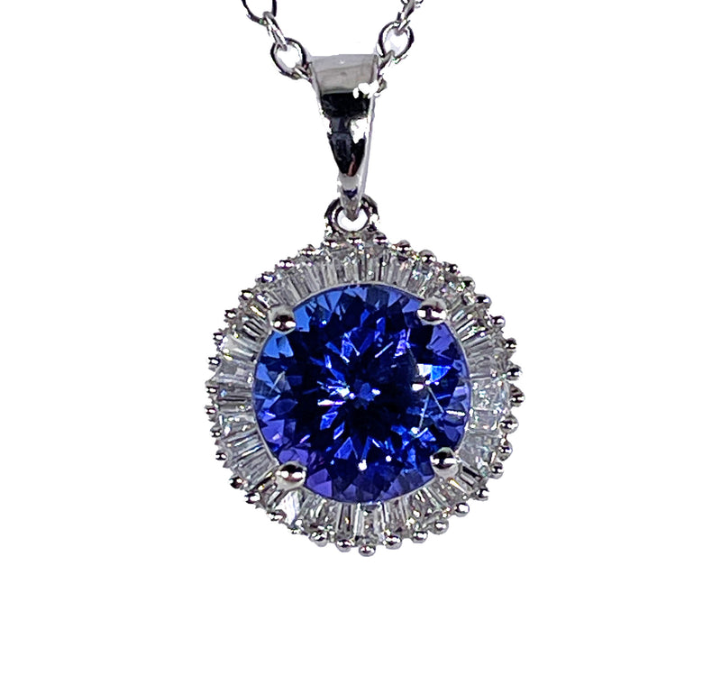Rhapsody AAAA Round Tanzanite & E-F VS Baguettes Diamonds 3.20ctw Halo 950 Platinum Pendant