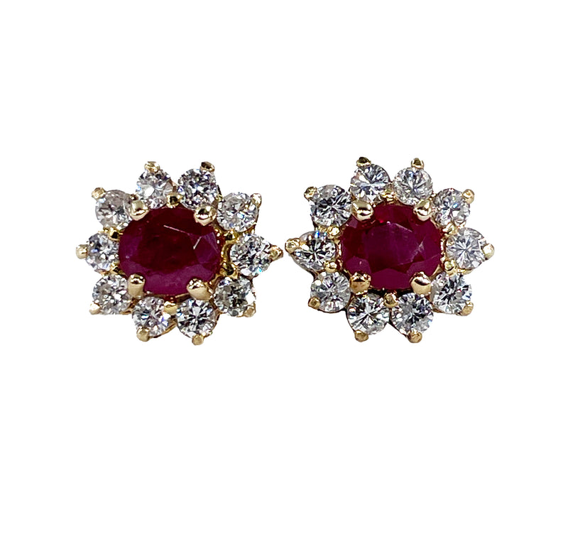 Estate Vintage 1.50ctw Oval Red RUBY & Diamonds 14Yellow Gold Cluster Stud Post Earrings Ear Pendants