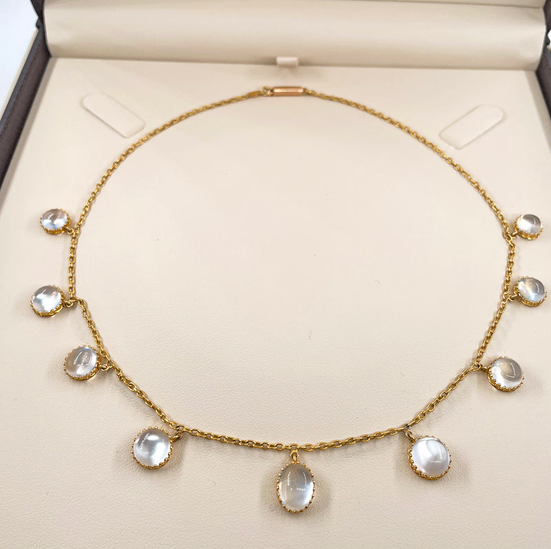 Rare c. 1870... Authentic Antique English Victorian 15ct Gold Graduated Moonstone Fringe Necklace