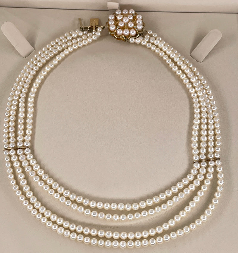 GIA 4-Strand Saltwater Akoya Japanese Pearl Diamond 14K Yellow Gold Vintage Necklace