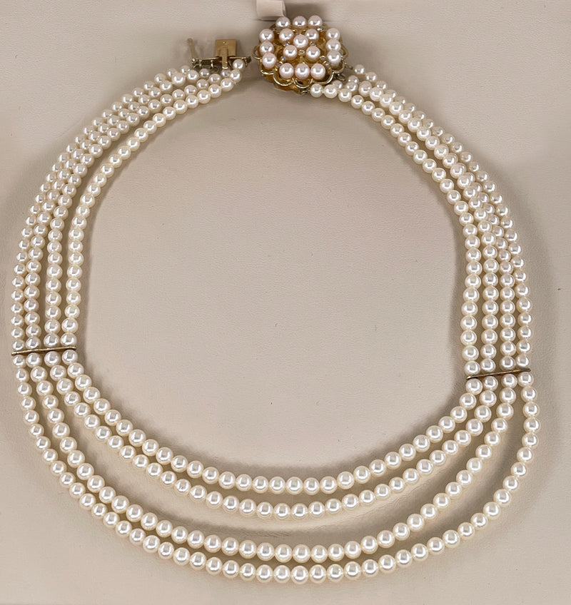 GIA 4-Strand Saltwater Akoya Japanese Pearl Diamond 14K Yellow Gold Vintage Necklace