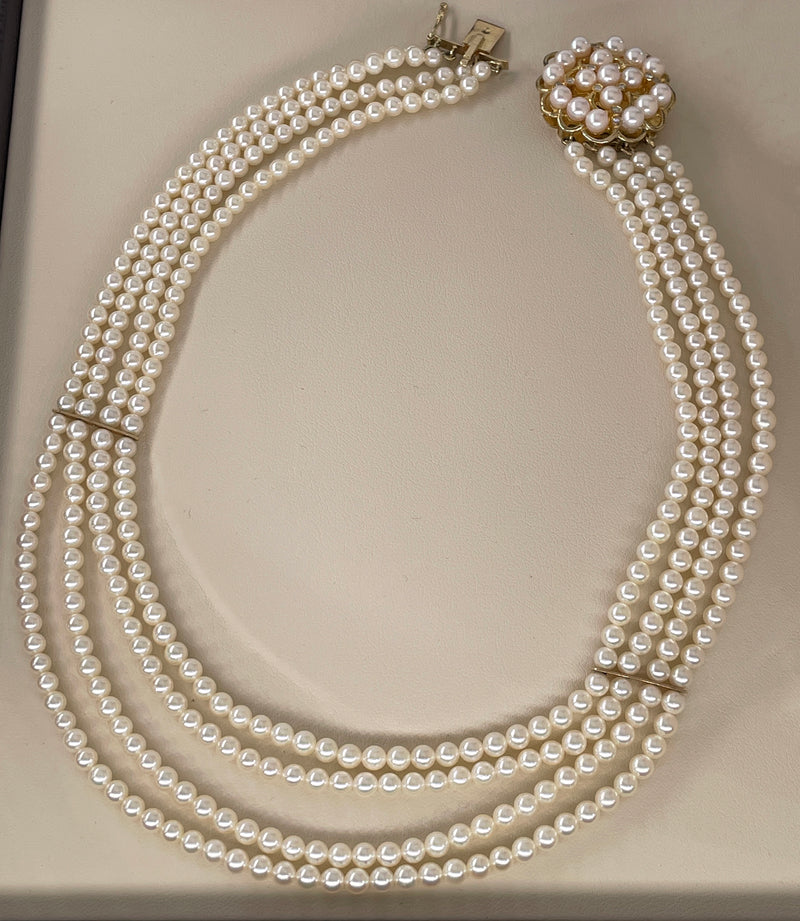 GIA 4-Strand Saltwater Akoya Japanese Pearl Diamond 14K Yellow Gold Vintage Necklace