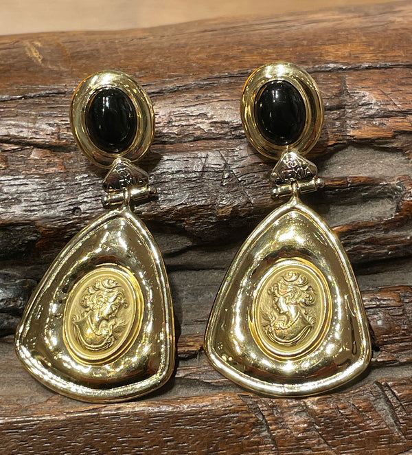 Estate Italian "ALEXIA" 18KT Yellow Gold Etruscan Style Cameo Etching Black Onyx Dangle Drop Earrings