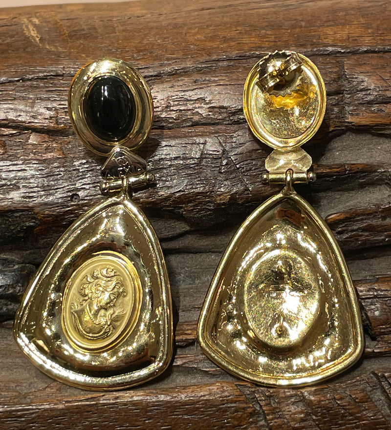 Estate Italian "ALEXIA" 18KT Yellow Gold Etruscan Style Cameo Etching Black Onyx Dangle Drop Earrings