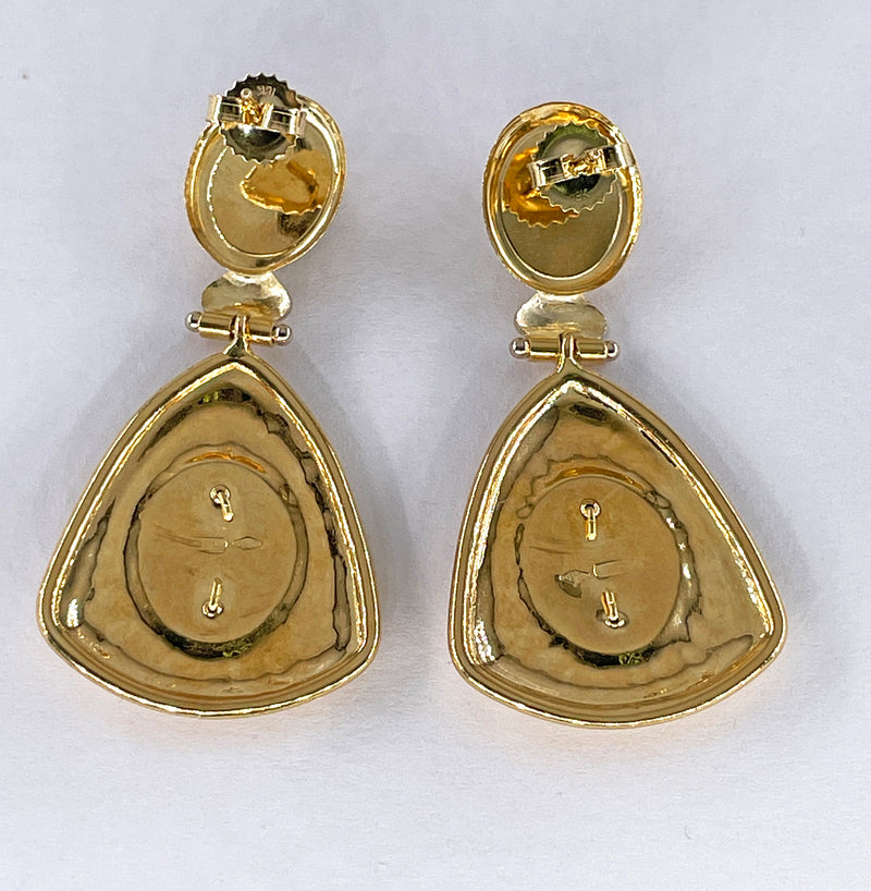 Estate Italian "ALEXIA" 18KT Yellow Gold Etruscan Style Cameo Etching Black Onyx Dangle Drop Earrings