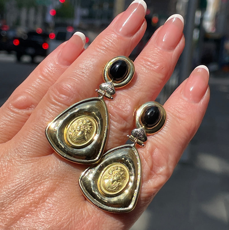 Estate Italian "ALEXIA" 18KT Yellow Gold Etruscan Style Cameo Etching Black Onyx Dangle Drop Earrings