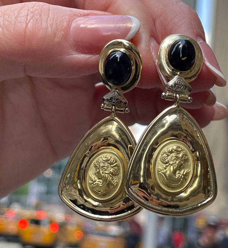 Estate Italian "ALEXIA" 18KT Yellow Gold Etruscan Style Cameo Etching Black Onyx Dangle Drop Earrings