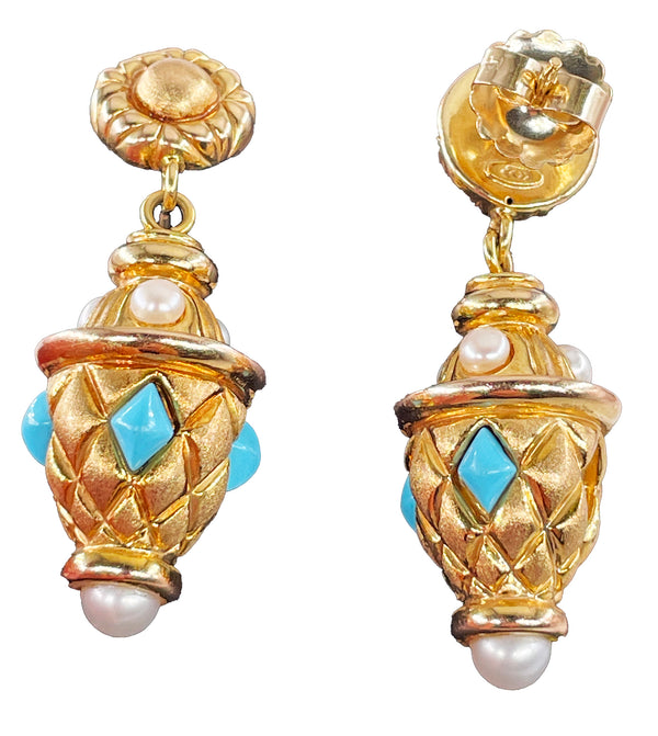 Italian Vintage 14K Yellow Gold Exotic Etruscan Inspired Drop Post Earrings with Turquoise Pearl Accents