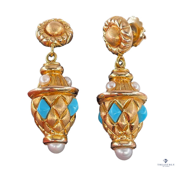 Italian Vintage 14K Yellow Gold Exotic Etruscan Inspired Drop Post Earrings with Turquoise Pearl Accents
