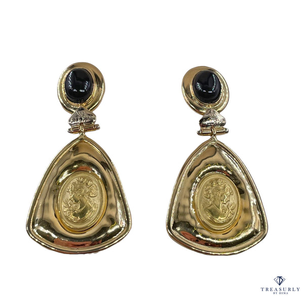 Estate Italian "ALEXIA" 18KT Yellow Gold Etruscan Style Cameo Etching Black Onyx Dangle Drop Earrings