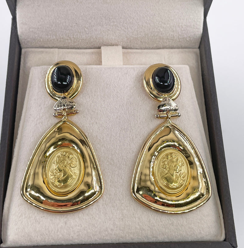 Estate Italian "ALEXIA" 18KT Yellow Gold Etruscan Style Cameo Etching Black Onyx Dangle Drop Earrings