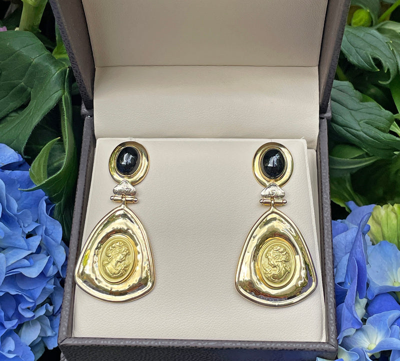 Estate Italian "ALEXIA" 18KT Yellow Gold Etruscan Style Cameo Etching Black Onyx Dangle Drop Earrings